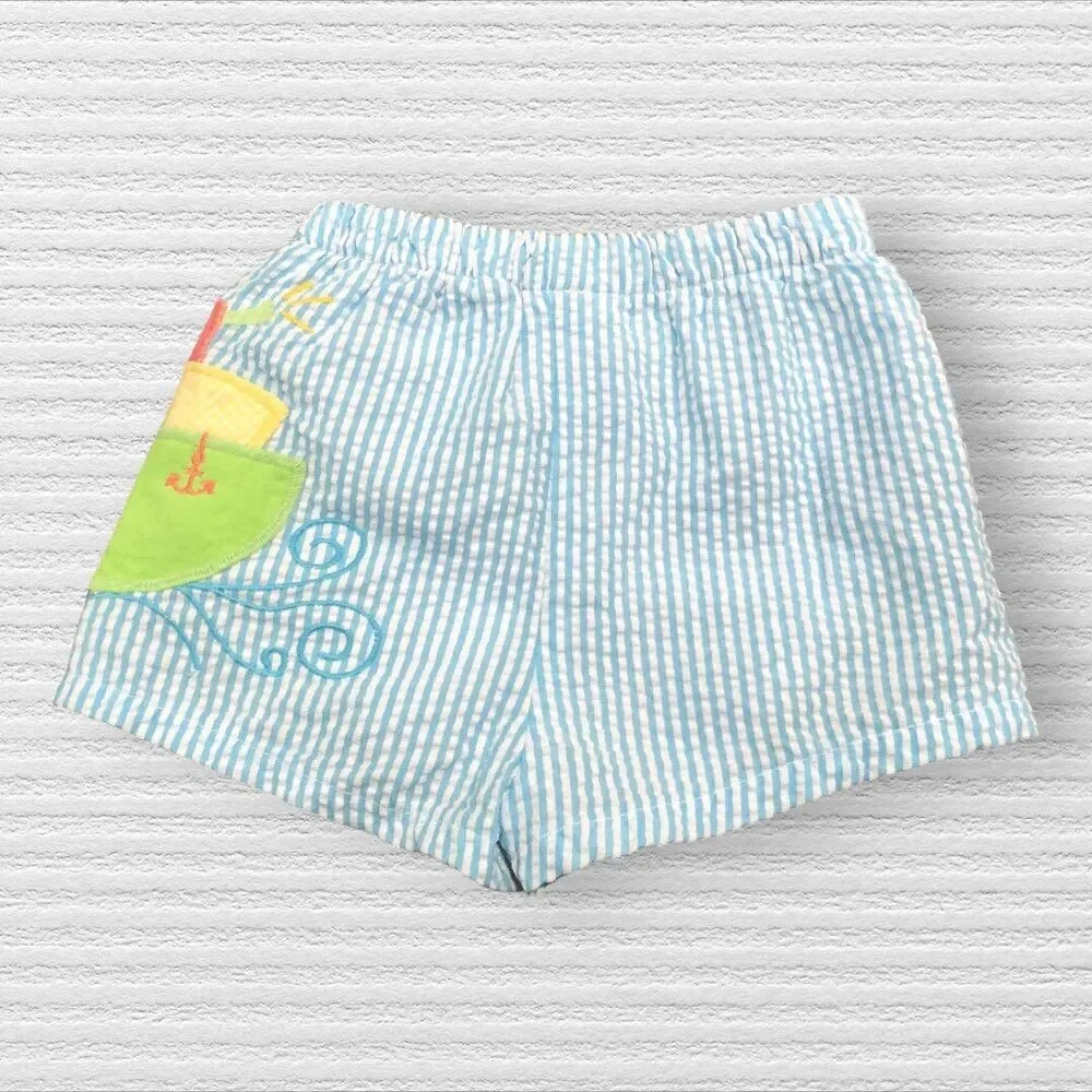 Bailey Boys Baby Swim Trunks 3M Blue Seersucker Boat Applique Lined